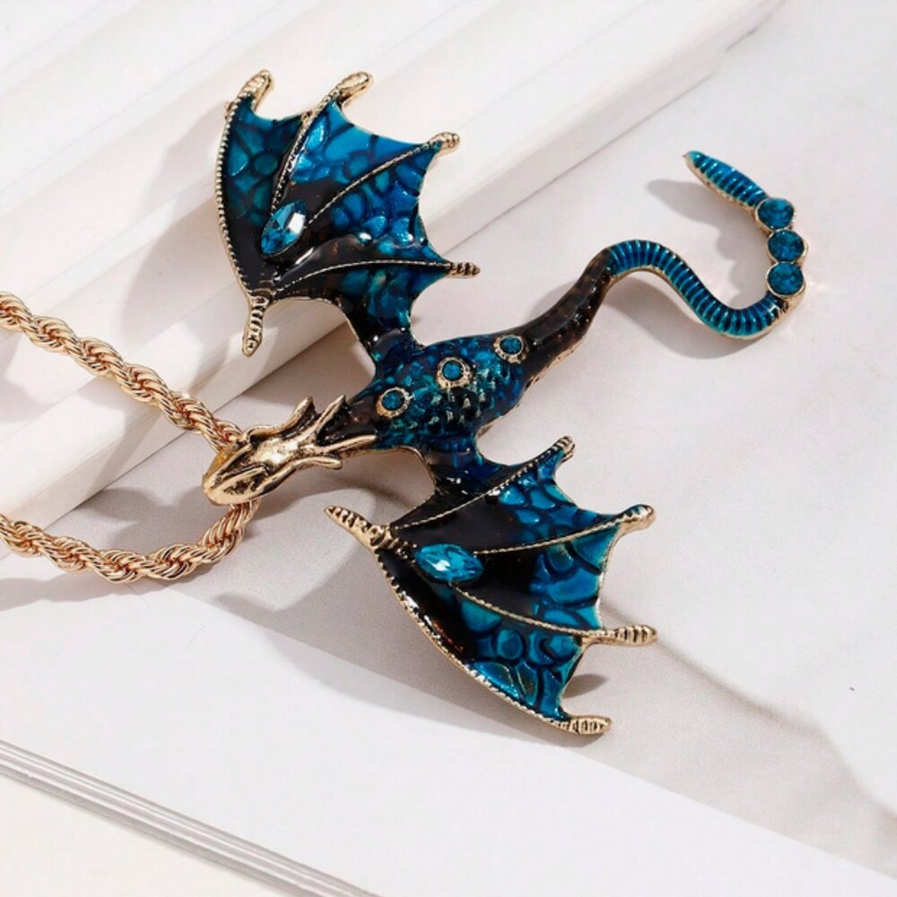 🐉 Blue or Green Enamel Dragon Necklace | 22" Goldtone Rope Chain 🐉